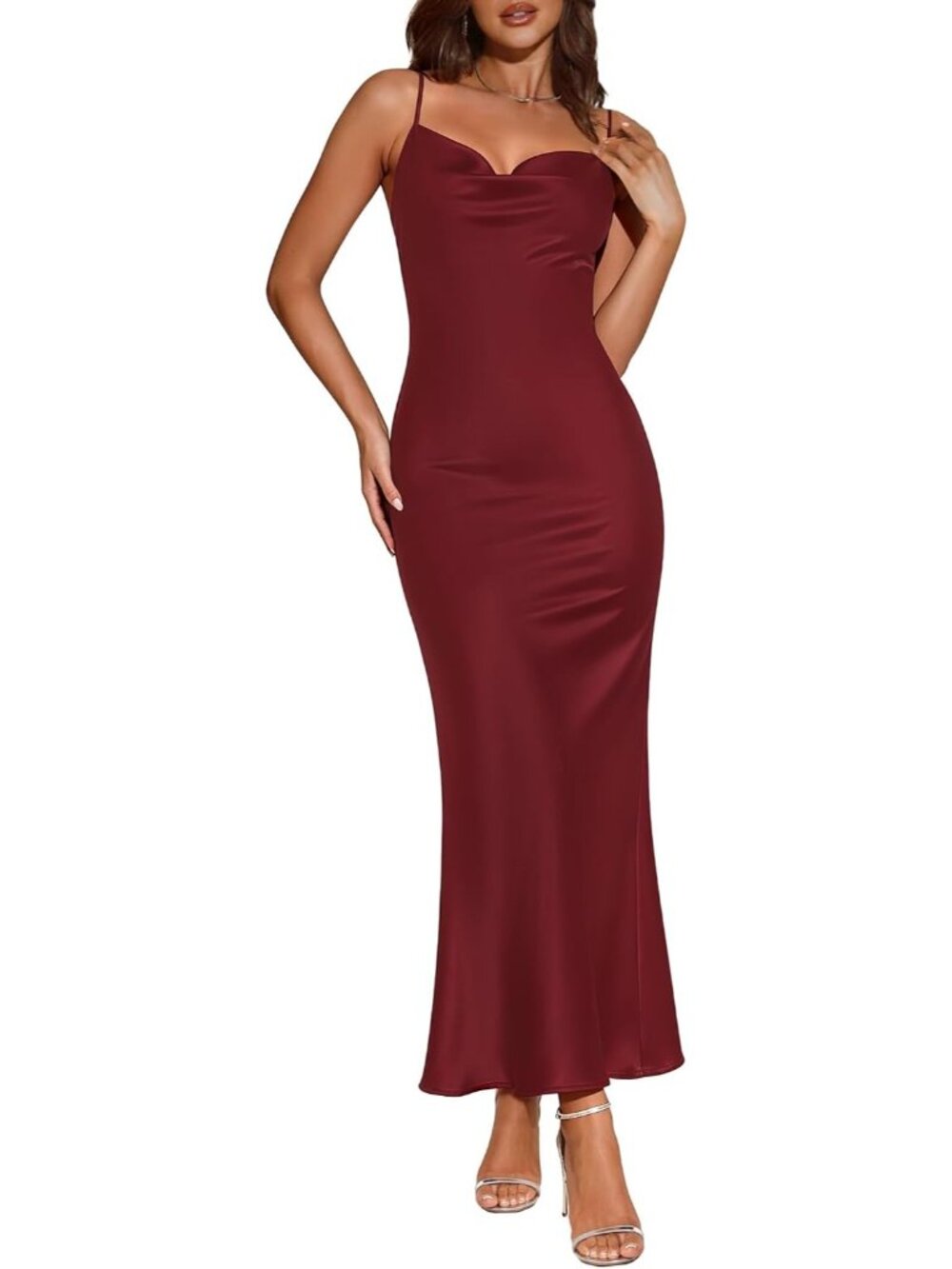 Women's Burgundy Elegant Cowl Neck Silk Slip Wedding Guest Long Midi Dresses